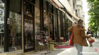 European blond bound in shop window