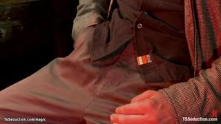 Tattooed big cock shemale fuck couple