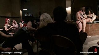 Slave fucked by lezdom group in public