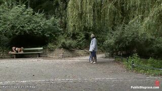 Strapped blonde fucked in the woods