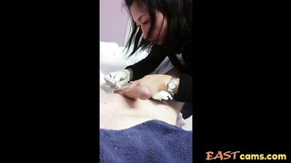 Asian lady waxing and massaging make dick cum