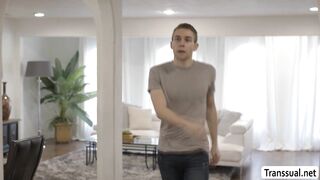 Horny shemale ass fucks her boyfriends MILF stepmom in kitchen