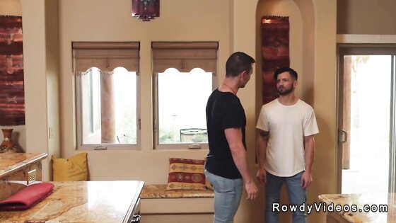 Tattooed muscle gay anal fucks guy in his home