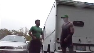 Public Rainy Stroking in a Parking Lot by Two Horny Men