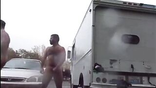 Public Rainy Stroking in a Parking Lot by Two Horny Men