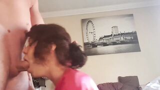 Amateur Brunette Deepthroats and Gags on a Big Cock