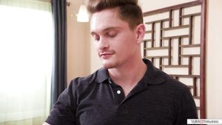 Masseuse oils up both cocks to jerk off