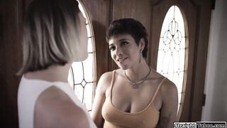 Teens scissor when mums friend walks in