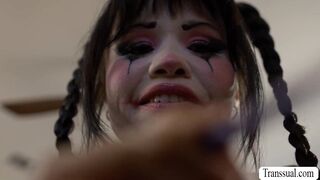 Busty babe caught TS jerking off using sex toy