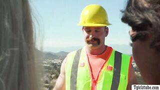 Construction worker drills the ass of two horny TS