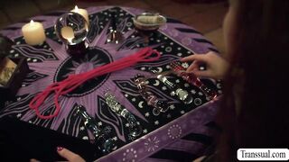 Busty witch summons two shemale and get fucked 2