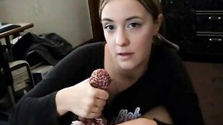 Playing with a hard cock using mouth and satin panties