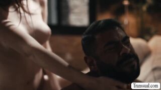 Fat dude massages TS stepdaughter and lets her bang his ass