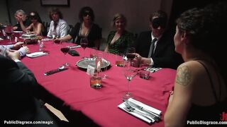 Busty slave served at public dinner