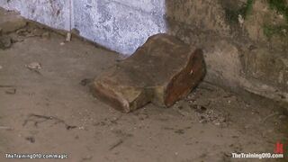 Zippered ebony slave riding cock